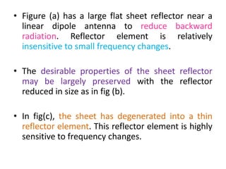 • Figure (a) has a large flat sheet reflector near a
linear dipole antenna to reduce backward
radiation. Reflector element is relatively
insensitive to small frequency changes.
• The desirable properties of the sheet reflector
may be largely preserved with the reflector
reduced in size as in fig (b).
• In fig(c), the sheet has degenerated into a thin
reflector element. This reflector element is highly
sensitive to frequency changes.
 