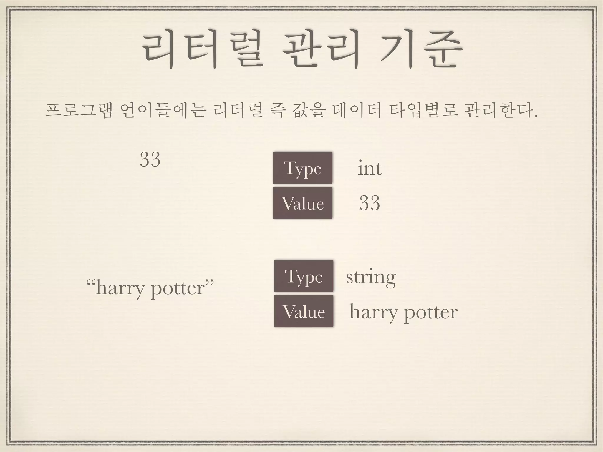 리터럴 관리 기준
Type
Value
“harry potter”
33 int
33
Type
Value
string
harry potter
프로그램 언어들에는 리터럴 즉 값을 데이터 타입별로 관리한다.
 