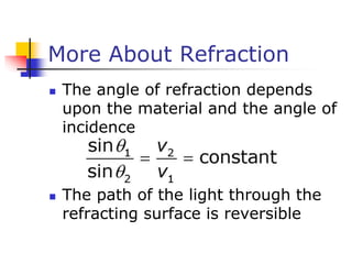 More About Refraction
 The angle of refraction depends
upon the material and the angle of
incidence
 The path of the light through the
refracting surface is reversible
 