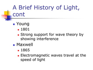 A Brief History of Light,
cont
 Young
 1801
 Strong support for wave theory by
showing interference
 Maxwell
 1865
 Electromagnetic waves travel at the
speed of light
 