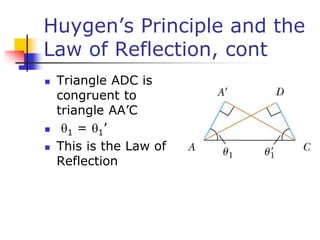 Huygen’s Principle and the
Law of Reflection, cont
 Triangle ADC is
congruent to
triangle AA’C
 1 = 1’
 This is the Law of
Reflection
 
