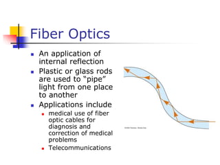 Fiber Optics
 An application of
internal reflection
 Plastic or glass rods
are used to “pipe”
light from one place
to another
 Applications include
 medical use of fiber
optic cables for
diagnosis and
correction of medical
problems
 Telecommunications
 