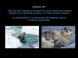 Todo acto que implique la muerte de un gran número de animales salvajes es un genocidio, es decir, un crimen contra la especie. La contaminación y la destrucción del ambiente natural  conducen al genocidio.  Artículo 12º 