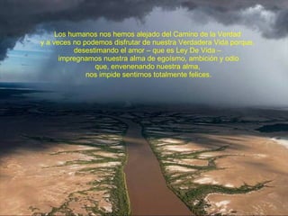 Los humanos nos hemos alejado del Camino de la Verdad  y a veces no podemos disfrutar de nuestra Verdadera Vida porque,  desestimando el amor – que es Ley De Vida –  impregnamos nuestra alma de egoísmo, ambición y odio que, envenenando nuestra alma,  nos impide sentirnos totalmente felices. 