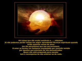 Há coisas que são muito razoáveis e…….infectam.  Já não podemos perder tempo em seguir aprendendo técnicas espirituais quando ainda estamos vazios de amor. Um dia permitimos que nos escravizazem.  O amor se tornou um fantasma manipulado por controle remoto por aqueles que precisam de nós domesticados.  Quem não está preparado para escutar  tem a recompensa de não enteirar-se de nada. 