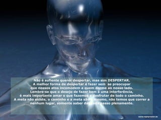 Não é sufiente querer despertar, mas sim DESPERTAR. A melhor forma de despertar é fazer sem  se preocupar que nossos atos incomodem a quem dorme ao nosso lado. Lembre-se que o desejo de fazer bem é uma interferência, é mais importante amar o que fazemos e desfrutar de todo o caminho. A meta não existe, o caminho e a meta são o mesmo, não temos que correr a nenhum lugar, somente saber dar cada passo plenamente. 