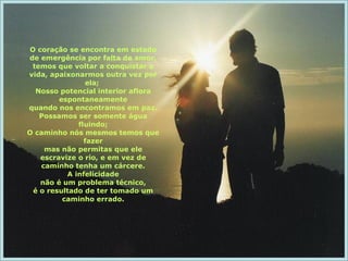 O coração se encontra em estado de emergência por falta de amor, temos que voltar a conquistar a vida, apaixonarmos outra vez por ela;  Nosso potencial interior aflora espontaneamente quando nos encontramos em paz. Possamos ser somente água fluindo; O caminho nós mesmos temos que fazer mas não permitas que ele escravize o rio, e em vez de caminho tenha um cárcere. A infelicidade não é um problema técnico, é o resultado de ter tomado um caminho errado. 