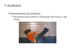  Motilidad

   Movimientos sincinéticos
      Fenómeno de la flexión combinada del tronco y del
       muslo
 