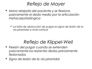 Reflejo de Mayer
 Mano relajada del paciente y se flexiona
  pasivamente el dedo medio por la articulación
  metacarpofalángica

   La falta de abducción de pulgar es signo de lesión de la
    vía piramidal a nivel cortical




            Reflejo de Klippel-Weil
 Flexión del pulgar cuando se extienden
  pasivamente los restantes dedos previamente
  flexionados
 Signo de lesión de la vía piramidal
 