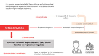 Revisión clínica y académica.
Dinallo, S., & Waseem, M. (2023). Cushing Reflex.
In StatPearls. StatPearls Publishing.
Reflejo de Cushing Respuesta vasopresora . Aumenta la actividad simpático
Aumenta tensión arterial
Aumenta frecuencia cardiaca
Se tiene perdida de frecuencia
cardiaca
Inicia la triada
Bradicardia + Aumento de presión sistólica y baja presión
diastólica, con respiraciones irregulares
La triada clínica
En casos de aumento de la PIC, la presión de perfusión cerebral
(PPC) cae ya que la presión arterial sistólica no puede superar la
resistencia presente en el cerebro.
 