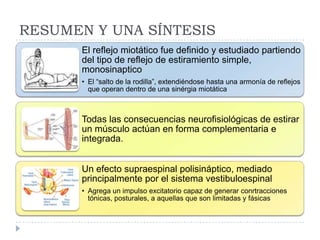 RESUMEN Y UNA SÍNTESIS
El reflejo miotático fue definido y estudiado partiendo
del tipo de reflejo de estiramiento simple,
monosinaptico
• El “salto de la rodilla”, extendiéndose hasta una armonía de reflejos
que operan dentro de una sinérgia miotática
Todas las consecuencias neurofisiológicas de estirar
un músculo actúan en forma complementaria e
integrada.
Un efecto supraespinal polisináptico, mediado
principalmente por el sistema vestibuloespinal
• Agrega un impulso excitatorio capaz de generar conrtracciones
tónicas, posturales, a aquellas que son limitadas y fásicas
 