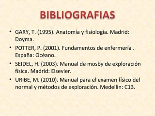 • GARY, T. (1995). Anatomía y fisiología. Madrid:
  Doyma.
• POTTER, P. (2001). Fundamentos de enfermería .
  España: Océano.
• SEIDEL, H. (2003). Manual de mosby de exploración
  física. Madrid: Elsevier.
• URIBE, M. (2010). Manual para el examen físico del
  normal y métodos de exploración. Medellin: C13.
 
