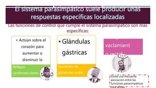 • Actúan sobre el
corazón para
aumentar o
disminuir la
frecuencia de sus
latidos.
Reflejos
cardiovasculares
• Glándulas
gástricas
Secreción de
glándulas orales
Reflejo de
vaciamient
o rectal
Existe una frecuente
asociación entre las
funciones parasimpáticas
muy afines.
 