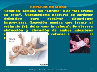 REFLEJO DE MORO
También llamado del “abrazo” o de “los brazos
en cruz”. Automatismo postural de carácter
defensivo     para     resolver     situaciones
imprevistas. Reacción masiva que frente al
estímulo (ej. dejar caer la cabeza). Se observa
abducción y elevación de ambos miembros
superiores, seguido del retorno a la habitual
flexión en aducción




22/09/09     Psicología del desarrollo - Lic. Luisa A. González Pena   10
 