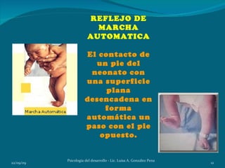 REFLEJO DE
                         MARCHA
                       AUTOMATICA

                      El contacto de
                        un pie del
                       neonato con
                      una superficie
                           plana
                      desencadena en
                          forma
                      automática un
                      paso con el pie
                         opuesto.


           Psicología del desarrollo - Lic. Luisa A. González Pena
22/09/09                                                             12
 