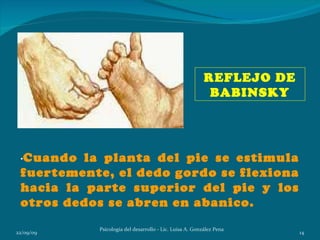 REFLEJO DE
                                                          BABINSKY




 •Cuando  la planta del pie se estimula
 fuertemente, el dedo gordo se flexiona
 hacia la parte superior del pie y los
 otros dedos se abren en abanico.
           Psicología del desarrollo - Lic. Luisa A. González Pena
22/09/09                                                              14
 