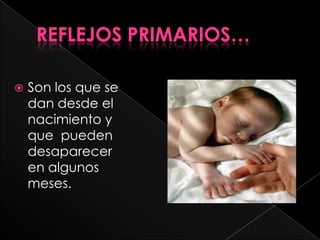 REFLEJOS PRIMARIOS…

   Son los que se
    dan desde el
    nacimiento y
    que pueden
    desaparecer
    en algunos
    meses.
 