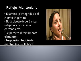 Reflejo Mentoniano 
• Examina la integridad del 
Nervio trigémino 
• 
•EL paciente deberá estar 
relajado, con la boca 
entreabierta 
•Se percute directamente 
el mentón 
•Respuesta: Rebote del 
mentón (cierre la boca 
 
