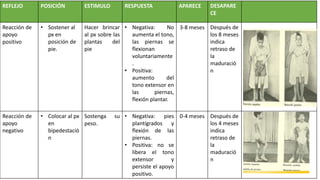 REFLEJO POSICIÓN ESTIMULO RESPUESTA APARECE DESAPARE
CE
Reacción de
apoyo
positivo
• Sostener al
px en
posición de
pie.
Hacer brincar
al px sobre las
plantas del
pie
• Negativa: No
aumenta el tono,
las piernas se
flexionan
voluntariamente
.
• Positiva:
aumento del
tono extensor en
las piernas,
flexión plantar.
3-8 meses Después de
los 8 meses
indica
retraso de
la
maduració
n
Reacción de
apoyo
negativo
• Colocar al px
en
bipedestació
n
Sostenga su
peso.
• Negativa: pies
plantígrados y
flexión de las
piernas.
• Positiva: no se
libera el tono
extensor y
persiste el apoyo
positivo.
0-4 meses Después de
los 4 meses
indica
retraso de
la
maduració
n
 