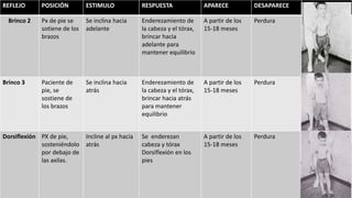 REFLEJO POSICIÓN ESTIMULO RESPUESTA APARECE DESAPARECE
Brinco 2 Px de pie se
sotiene de los
brazos
Se inclina hacia
adelante
Enderezamiento de
la cabeza y el tórax,
brincar hacia
adelante para
mantener equilibrio
A partir de los
15-18 meses
Perdura
Brinco 3 Paciente de
pie, se
sostiene de
los brazos
Se inclina hacia
atrás
Enderezamiento de
la cabeza y el tórax,
brincar hacia atrás
para mantener
equilibrio
A partir de los
15-18 meses
Perdura
Dorsiflexión PX de pie,
sosteniéndolo
por debajo de
las axilas.
Incline al px hacia
atrás
Se enderezan
cabeza y tórax
Dorsiflexión en los
pies
A partir de los
15-18 meses
Perdura
 