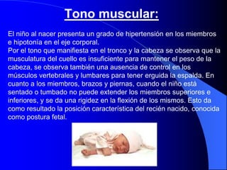 Tono muscular:
El niño al nacer presenta un grado de hipertensión en los miembros
e hipotonía en el eje corporal.
Por el tono que manifiesta en el tronco y la cabeza se observa que la
musculatura del cuello es insuficiente para mantener el peso de la
cabeza, se observa también una ausencia de control en los
músculos vertebrales y lumbares para tener erguida la espalda. En
cuanto a los miembros, brazos y piernas, cuando el niño está
sentado o tumbado no puede extender los miembros superiores e
inferiores, y se da una rigidez en la flexión de los mismos. Esto da
como resultado la posición característica del recién nacido, conocida
como postura fetal.
 
