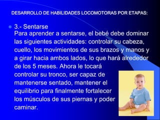 DESARROLLO DE HABILIDADES LOCOMOTORAS POR ETAPAS:


   3.- Sentarse
    Para aprender a sentarse, el bebé debe dominar
    las siguientes actividades: controlar su cabeza,
    cuello, los movimientos de sus brazos y manos y
    a girar hacia ambos lados, lo que hará alrededor
    de los 5 meses. Ahora le tocará
    controlar su tronco, ser capaz de
    mantenerse sentado, mantener el
    equilibrio para finalmente fortalecer
    los músculos de sus piernas y poder
    caminar.
 