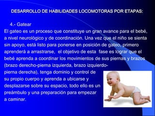 DESARROLLO DE HABILIDADES LOCOMOTORAS POR ETAPAS:


   4.- Gatear
El gateo es un proceso que constituye un gran avance para el bebé,
a nivel neurológico y de coordinación. Una vez que el niño se sienta
sin apoyo, está listo para ponerse en posición de gateo, primero
aprenderá a arrastrarse, el objetivo de esta fase es lograr que el
bebé aprenda a coordinar los movimientos de sus piernas y brazos
(brazo derecho-pierna izquierda, brazo izquierdo-
pierna derecha), tenga dominio y control de
su propio cuerpo y aprenda a ubicarse y
desplazarse sobre su espacio, todo ello es un
preámbulo y una preparación para empezar
a caminar.
 