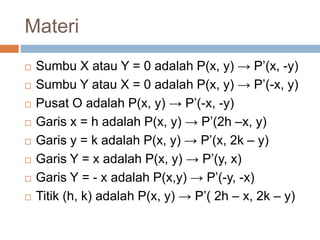 Materi
 Sumbu X atau Y = 0 adalah P(x, y) → P’(x, -y)
 Sumbu Y atau X = 0 adalah P(x, y) → P’(-x, y)
 Pusat O adalah P(x, y) → P’(-x, -y)
 Garis x = h adalah P(x, y) → P’(2h –x, y)
 Garis y = k adalah P(x, y) → P’(x, 2k – y)
 Garis Y = x adalah P(x, y) → P’(y, x)
 Garis Y = - x adalah P(x,y) → P’(-y, -x)
 Titik (h, k) adalah P(x, y) → P’( 2h – x, 2k – y)
 