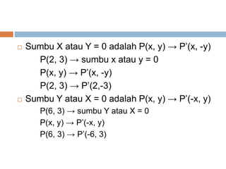  Sumbu X atau Y = 0 adalah P(x, y) → P’(x, -y)
P(2, 3) → sumbu x atau y = 0
P(x, y) → P’(x, -y)
P(2, 3) → P’(2,-3)
 Sumbu Y atau X = 0 adalah P(x, y) → P’(-x, y)
P(6, 3) → sumbu Y atau X = 0
P(x, y) → P’(-x, y)
P(6, 3) → P’(-6, 3)
 