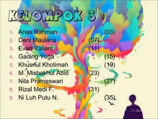 Kelompok 3 :
1.
2.
3.
4.
5.
6.
7.
8.
9.

Anas Rahman
Deni Maulana
Evan Valiant
Gading Yoga
Khusnul Khotimah
M. Misbakhul Abid
Nila Prameswari
Rizal Medi F.
Ni Luh Putu N.

(07)
(11)

(23)
(31)

(03)

(15)
(19)
(27)
(35)

 