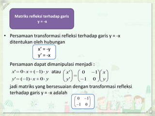 Matriks refleksi terhadap garis
                  y = -x


• Persamaan transformasi refleksi terhadap garis y = -x
  ditentukan oleh hubungan
               x’ = -y
               y’ = -x
  Persamaan dapat dimanipulasi menjadi :
   x' 0 x ( 1) y atau x'         0       1 x
   y'   ( 1) x     0 y            y'        1    0   y
  jadi matriks yang bersesuaian dengan transformasi refleksi
  terhadap garis y = -x adalah
                                       0     1
                                        1   0
 