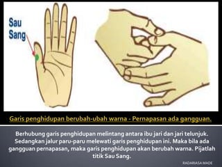 Berhubung garis penghidupan melintang antara ibu jari dan jari telunjuk.
  Sedangkan jalur paru-paru melewati garis penghidupan ini. Maka bila ada
gangguan pernapasan, maka garis penghidupan akan berubah warna. Pijatlah
                             titik Sau Sang.
                                                              RADARIASA MADE
 