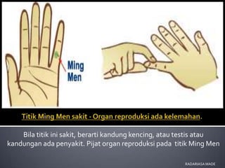 Bila titik ini sakit, berarti kandung kencing, atau testis atau
kandungan ada penyakit. Pijat organ reproduksi pada titik Ming Men

                                                        RADARIASA MADE
 