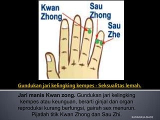 Jari manis Kwan zong. Gundukan jari kelingking
 kempes atau keunguan, berarti ginjal dan organ
reproduksi kurang berfungsi, gairah sex menurun.
      Pijatlah titik Kwan Zhong dan Sau Zhi.  RADARIASA MADE
 