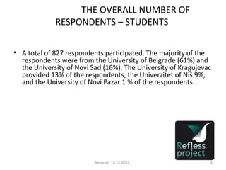 THE OVERALL NUMBER OF
             RESPONDENTS – STUDENTS

• A total of 827 respondents participated. The majority of the
  respondents were from the University of Belgrade (61%) and
  the University of Novi Sad (16%). The University of Kragujevac
  provided 13% of the respondents, the Univerzitet of Niš 9%,
  and the University of Novi Pazar 1 % of the respondents.




                          Beograd, 15.12.2012.                 2
 
