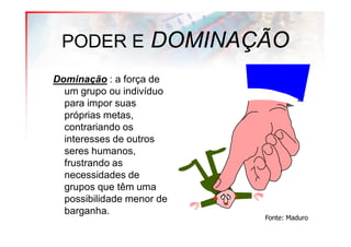 PODER E            DOMINAÇÃO
Dominação : a força de
  um grupo ou indivíduo
  para impor suas
  próprias metas,
  contrariando os
  interesses de outros
  seres humanos,
  frustrando as
  necessidades de
  grupos que têm uma
  possibilidade menor de
  barganha.
                           Fonte: Maduro
 