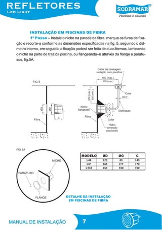 INSTALAÇÃO EM PISCINAS DE FIBRA
          1º Passo – Instale o nicho na parede da fibra, marque os furos de fixa-
ção e recorte-a conforme as dimensões especificadas na fig. 5, seguindo o diâ-
metro interno, em seguida, a fixação poderá ser feita de duas formas, laminando
o nicho na parte de traz da piscina, ou flangeando–o através da flange e parafu-
sos, fig.5A.




          FIG. 5




FIG. 5A

                                        MODELO        ØD        ØG         C
                                           L 48       120       85        145
                                            L 61      165       117       170
                                           L 133      250       190       190




                               DETALHE DA INSTALAÇÃO
                                EM PISCINAS DE FIBRA




                                         7
 