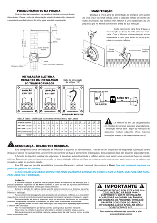 POSICIONAMENTO NA PISCINA
O nicho deve ser concretado na parede da piscina conforme dimen-
sões abaixo. Passe o cabo de alimentação através do eletroduto, deixando
o excedente enrolado dentro do nicho para eventual manutenção.
MANUTENÇÃO
Desligue a chave geral de alimentação de energia e com auxílio
de uma chave de fenda média, retire o conjunto refletor de dentro do
nicho chumbado. Os modelos mini refletor e L48, necessitam de um
pequeno giro no sentido anti-horário antes da sua remoção.
Após removê-lo para fora d’água a
manutenção ou troca de lente pode ser reali-
zada. Com o término da manutenção enrole
novamente o cabo para dentro do nicho e en-
caixe o conjunto refletor.
INSTALAÇÃO ELÉTRICA
Para maiores informações consulte o site
www.sodramar.com.br
Este componente deve ser instalado em linha com o disjuntor do transformador. Trata-se de um dispositivo de segurança e proteção contra
choques e danos no equipamento, provenientes de corrente de fuga e aterramento inadequado. Este acessório deve ser adquirido separadamente.
A função do disjuntor residual de segurança, é desativar automaticamente o refletor sempre que existir uma corrente de fuga no circuito
elétrico. Quando isto ocorrer, faça uma revisão na sua instalação elétrica, verifique se o aterramento está correto, assim como, se os cabos e as
conexões estão em perfeito estado.
Este DR deve ser de alta sensibilidade (corrente diferencial - residual / nominal não superior a 30mA. Sua não instalação implicará na
perda de garantia do produto.
A NÃO UTILIZAÇÃO DESTE DISPOSITIVO PODE OCASIONAR CHOQUE NO CONTATO COM A ÁGUA, QUE PODE SER FATAL
PARA ADULTOS E CRIANÇAS.
SEGURANÇA - DISJUNTOR RESIDUAL
GARANTIA
A Sodramar assegura a garantia contra qualquer defeito de material ou de fabricação que o
produto apresentar no período de 12 meses contados a partir da data de aquisição, devidamente
comprovada através da nota fiscal emitida pelo nosso distribuidor.
Durante o período de vigência desta garantia, comprometemo-nos a trocar ou consertar
gratuitamente as peças defeituosas, quando o seu exame técnico revelar a existência de defeitos de
material ou fabricação.
Para o cumprimento desta garantia, este produto deverá ser colocado na fábrica ou no revendedor
mais próximo, correndo por conta do comprador as despesas inerentes de transporte, embalagem e seguro.
Esta garantia não se aplica a quaisquer peças ou acessórios danificados por inundações,
incêndios, componentes impróprios na instalação, ou ainda, casos imprevisíveis ou inevitáveis.
Esta garantia também fica nula e sem efeito algum, caso este produto seja entregue para conserto
a pessoas não autorizadas.
Não nos responsabilizamos por danos ocorridos a este produto durante o transporte.
Reservamo-nos o direito de promover alterações no produto sem prévio aviso ao usuário.
Esta garantia somente será válida mediante a apresentação da nota fiscal de compra emitida
contra o comprador inicial.
Os refletores da linha Led são gerenciados
por módulos de comando adquiridos separadamente,
a instalação elétrica deve seguir as instruções do
respectivo módulo adquirido. (Para maiores
informações acesso o site www.sodramar.com.br)
 