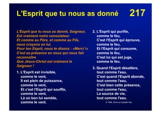 217L'Esprit que tu nous as donné
L'Esprit que tu nous as donné, Seigneur,
Est vraiment notre consolateur.
Et comme au Père, et comme au Fils,
nous croyons en lui.
Pour ton Esprit, nous te disons : «Merci !»
C'est sa présence en nous qui nous fait
reconnaître
Que Jésus-Christ est vraiment le
Seigneur !
1. L'Esprit est invisible,
comme le vent,
Il est plein de puissance,
comme le vent,
Et c'est l'Esprit qui souffle,
comme le vent,
Là où bon lui semble,
comme le vent.
2. L'Esprit qui purifie,
comme le feu,
C'est l'Esprit qui éprouve,
comme le feu,
Et l'Esprit qui consume,
comme le feu,
C'est lui qui est juge,
comme le feu.
3. Quand l'Esprit désaltère,
tout comme l'eau,
C'est quand l'Esprit abonde,
tout comme l'eau,
C'est bien cette présence,
tout comme l'eau,
La source de vie,
tout comme l'eau.
© 1996, Denis et Isabelle Hey
 