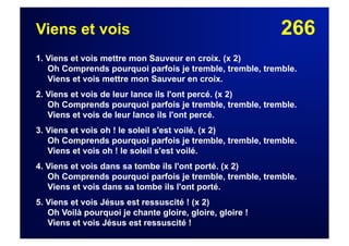 266Viens et vois
1. Viens et vois mettre mon Sauveur en croix. (x 2)
Oh Comprends pourquoi parfois je tremble, tremble, tremble.
Viens et vois mettre mon Sauveur en croix.
2. Viens et vois de leur lance ils l'ont percé. (x 2)
Oh Comprends pourquoi parfois je tremble, tremble, tremble.
Viens et vois de leur lance ils l'ont percé.
3. Viens et vois oh ! le soleil s'est voilé. (x 2)
Oh Comprends pourquoi parfois je tremble, tremble, tremble.
Viens et vois oh ! le soleil s'est voilé.
4. Viens et vois dans sa tombe ils l'ont porté. (x 2)
Oh Comprends pourquoi parfois je tremble, tremble, tremble.
Viens et vois dans sa tombe ils l'ont porté.
5. Viens et vois Jésus est ressuscité ! (x 2)
Oh Voilà pourquoi je chante gloire, gloire, gloire !
Viens et vois Jésus est ressuscité !
 