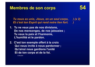 54Membres de son corps
Tu nous as unis, Jésus, en un seul corps, ) (x 2)
Et c'est ton Esprit qui rend notre lien fort. )
1. Tu ne veux pas de nos divisions,
De nos mensonges, de nos jalousies ;
Tu veux la paix et l'harmonie,
L'humilité et le pardon.
2.  C'est ton exemple offert à la croix
Qui nous invite à nous pardonner ;
Qu'ainsi nous gardions l'unité
Et de ton corps et de la foi.
© Musyfée
 