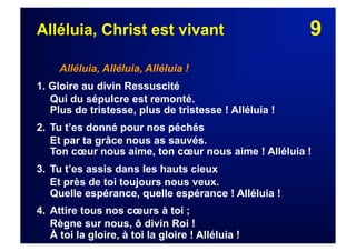 9Alléluia, Christ est vivant
Alléluia, Alléluia, Alléluia !
1. Gloire au divin Ressuscité
Qui du sépulcre est remonté.
Plus de tristesse, plus de tristesse ! Alléluia !
2. Tu t’es donné pour nos péchés
Et par ta grâce nous as sauvés.
Ton cœur nous aime, ton cœur nous aime ! Alléluia !
3. Tu t’es assis dans les hauts cieux
Et près de toi toujours nous veux.
Quelle espérance, quelle espérance ! Alléluia !
4. Attire tous nos cœurs à toi ;
Règne sur nous, ô divin Roi !
À toi la gloire, à toi la gloire ! Alléluia !
 