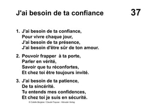37J'ai besoin de ta confiance
1. J'ai besoin de ta confiance,
Pour vivre chaque jour,
J'ai besoin de ta présence,
J'ai besoin d'être sûr de ton amour.
2. Pouvoir frapper à ta porte,
Parler en vérité,
Savoir que tu réconfortes,
Et chez toi être toujours invité.
3. J'ai besoin de ta patience,
De ta sincérité.
Tu entends mes confidences,
Et chez toi je suis en sécurité.
© Colette Bergèse / Claude Fraysse - Hänssler Verlag
 