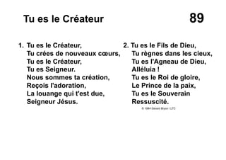 89Tu es le Créateur
1. Tu es le Créateur,
Tu crées de nouveaux cœurs,
Tu es le Créateur,
Tu es Seigneur.
Nous sommes ta création,
Reçois l'adoration,
La louange qui t'est due,
Seigneur Jésus.
2. Tu es le Fils de Dieu,
Tu règnes dans les cieux,
Tu es l'Agneau de Dieu,
Alléluia !
Tu es le Roi de gloire,
Le Prince de la paix,
Tu es le Souverain
Ressuscité.
© 1984 Gérard Bryon / LTC
 
