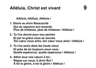 9Alléluia, Christ est vivant
Alléluia, Alléluia, Alléluia !
1. Gloire au divin Ressuscité
Qui du sépulcre est remonté.
Plus de tristesse, plus de tristesse ! Alléluia !
2. Tu t’es donné pour nos péchés
Et par ta grâce nous as sauvés.
Ton cœur nous aime, ton cœur nous aime ! Alléluia !
3. Tu t’es assis dans les hauts cieux
Et près de toi toujours nous veux.
Quelle espérance, quelle espérance ! Alléluia !
4. Attire tous nos cœurs à toi ;
Règne sur nous, ô divin Roi !
À toi la gloire, à toi la gloire ! Alléluia !
 