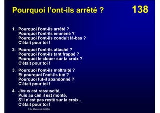 138Pourquoi l’ont-ils arrêté ?
1. Pourquoi l'ont-ils arrêté ?
Pourquoi l'ont-ils emmené ?
Pourquoi l'ont-ils conduit là-bas ?
C'était pour toi !
2. Pourquoi l'ont-ils attaché ?
Pourquoi l'ont-ils tant frappé ?
Pourquoi le clouer sur la croix ?
C'était pour toi !
3. Pourquoi l'ont-ils maltraité ?
Et pourquoi l'ont-ils tué ?
Pourquoi fut-il abandonné ?
C'était pour toi !
4. Jésus est ressuscité,
Puis au ciel il est monté,
S’il n’est pas resté sur la croix…
C'était pour toi !
© La Maison de la Bible
 