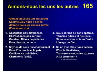 165Aimons-nous les uns les autres
Aimons-nous les uns les autres
Comme Dieu nous a aimés.
Aimons-nous les uns les autres
D'un amour vrai.
1. Acceptons nos différences
Et n'oublions pas surtout
Combien Dieu a de patience
Pour chacun de nous.
2. Soyons de ceux qui construisent
Dans l'harmonie et la paix.
Oublions ce qui divise,
Cherchons l'unité.
3. Nous serons de bons apôtres,
Témoins fideles et heureux,
Si nous savons voir en l'autre
L'image de Dieu.
4. Si, un jour, Dieu nous accuse
D'avoir été divisés,
Trouverons-nous des excuses
A lui présenter ?
© 1980 APV/Danie Hurtrel
 