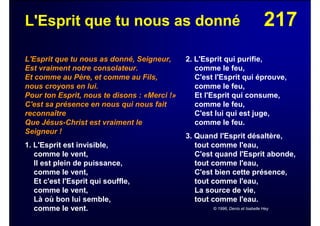 217L'Esprit que tu nous as donné
L'Esprit que tu nous as donné, Seigneur,
Est vraiment notre consolateur.
Et comme au Père, et comme au Fils,
nous croyons en lui.
Pour ton Esprit, nous te disons : «Merci !»
C'est sa présence en nous qui nous fait
reconnaître
Que Jésus-Christ est vraiment le
Seigneur !
1. L'Esprit est invisible,
comme le vent,
Il est plein de puissance,
comme le vent,
Et c'est l'Esprit qui souffle,
comme le vent,
Là où bon lui semble,
comme le vent.
2. L'Esprit qui purifie,
comme le feu,
C'est l'Esprit qui éprouve,
comme le feu,
Et l'Esprit qui consume,
comme le feu,
C'est lui qui est juge,
comme le feu.
3. Quand l'Esprit désaltère,
tout comme l'eau,
C'est quand l'Esprit abonde,
tout comme l'eau,
C'est bien cette présence,
tout comme l'eau,
La source de vie,
tout comme l'eau.
© 1996, Denis et Isabelle Hey
 