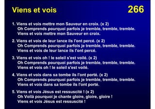 266Viens et vois
1. Viens et vois mettre mon Sauveur en croix. (x 2)
Oh Comprends pourquoi parfois je tremble, tremble, tremble.
Viens et vois mettre mon Sauveur en croix.
2. Viens et vois de leur lance ils l'ont percé. (x 2)
Oh Comprends pourquoi parfois je tremble, tremble, tremble.
Viens et vois de leur lance ils l'ont percé.
3. Viens et vois oh ! le soleil s'est voilé. (x 2)
Oh Comprends pourquoi parfois je tremble, tremble, tremble.
Viens et vois oh ! le soleil s'est voilé.
4. Viens et vois dans sa tombe ils l'ont porté. (x 2)
Oh Comprends pourquoi parfois je tremble, tremble, tremble.
Viens et vois dans sa tombe ils l'ont porté.
5. Viens et vois Jésus est ressuscité ! (x 2)
Oh Voilà pourquoi je chante gloire, gloire, gloire !
Viens et vois Jésus est ressuscité !
 