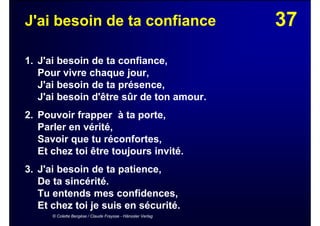 37J'ai besoin de ta confiance
1. J'ai besoin de ta confiance,
Pour vivre chaque jour,
J'ai besoin de ta présence,
J'ai besoin d'être sûr de ton amour.
2. Pouvoir frapper à ta porte,
Parler en vérité,
Savoir que tu réconfortes,
Et chez toi être toujours invité.
3. J'ai besoin de ta patience,
De ta sincérité.
Tu entends mes confidences,
Et chez toi je suis en sécurité.
© Colette Bergèse / Claude Fraysse - Hänssler Verlag
 